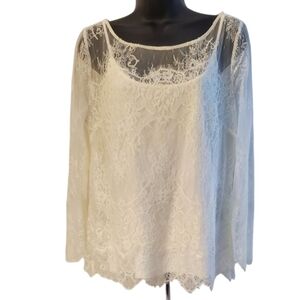 White House Black Market Ivory Long Sleeve Lace Blouse Lined Round Neck Size M
